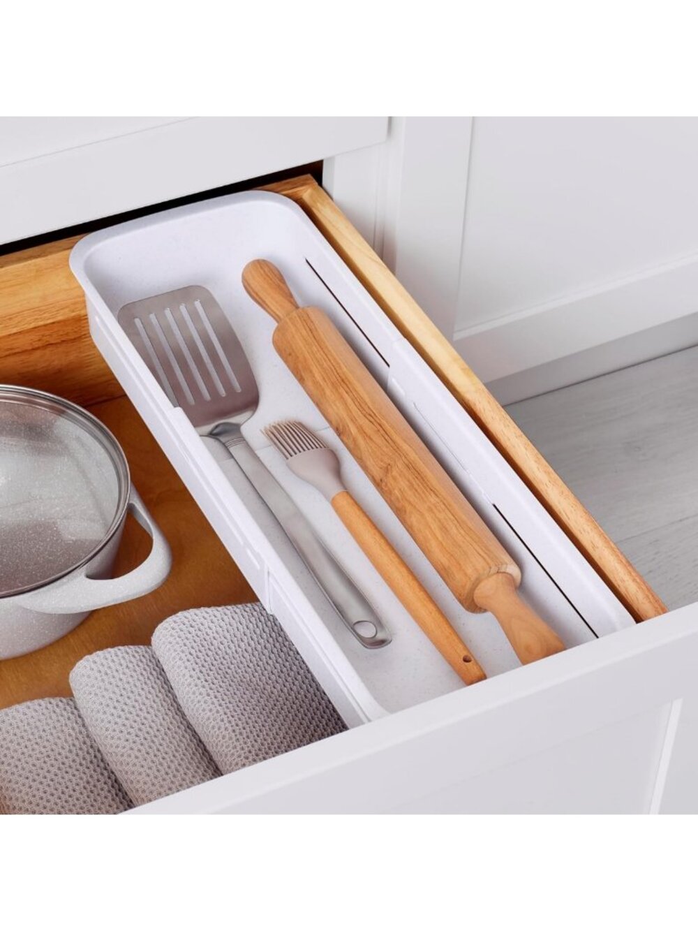 Expandable Sliding Drawer Organizer Bin - Adjustable Kitchen Storage, Speckled